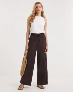 Chocolate Linen Mix Wide Leg Trousers
