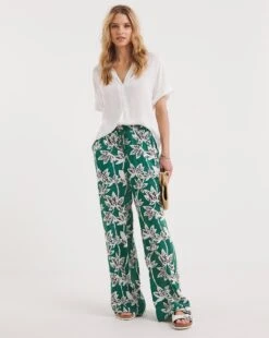 Palm Print Pull On Wide Leg Trousers