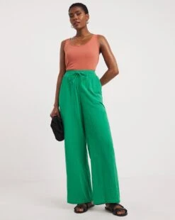 Jade Green Soft Cotton Wide Leg Trousers