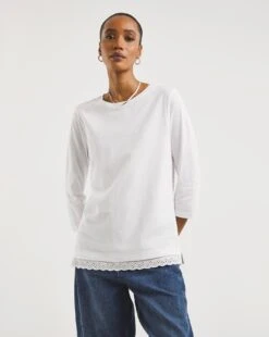 White Broderie Trim Crew Neck Top