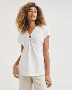Linen Blend Ring Detail Short Sleeve Top