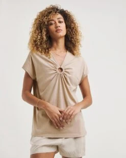 Linen Blend Ring Detail Short Sleeve Top