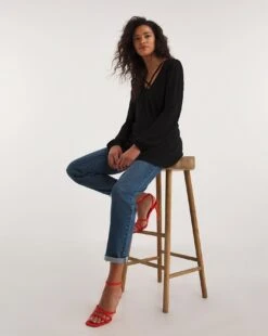 Black Cross Strap V-Neck Tea Top