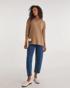 Camel Cotton Slub Seam Detail T-Shirt