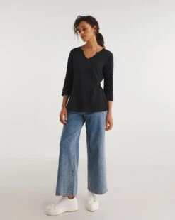 Value Cotton 3/4 Sleeve Notch Neck Top