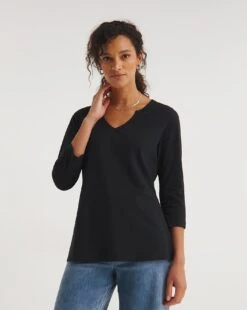 Value Cotton 3/4 Sleeve Notch Neck Top 6 Value Cotton 3/4 Sleeve Notch Neck Top -JD Williams Shop y01qb277716w