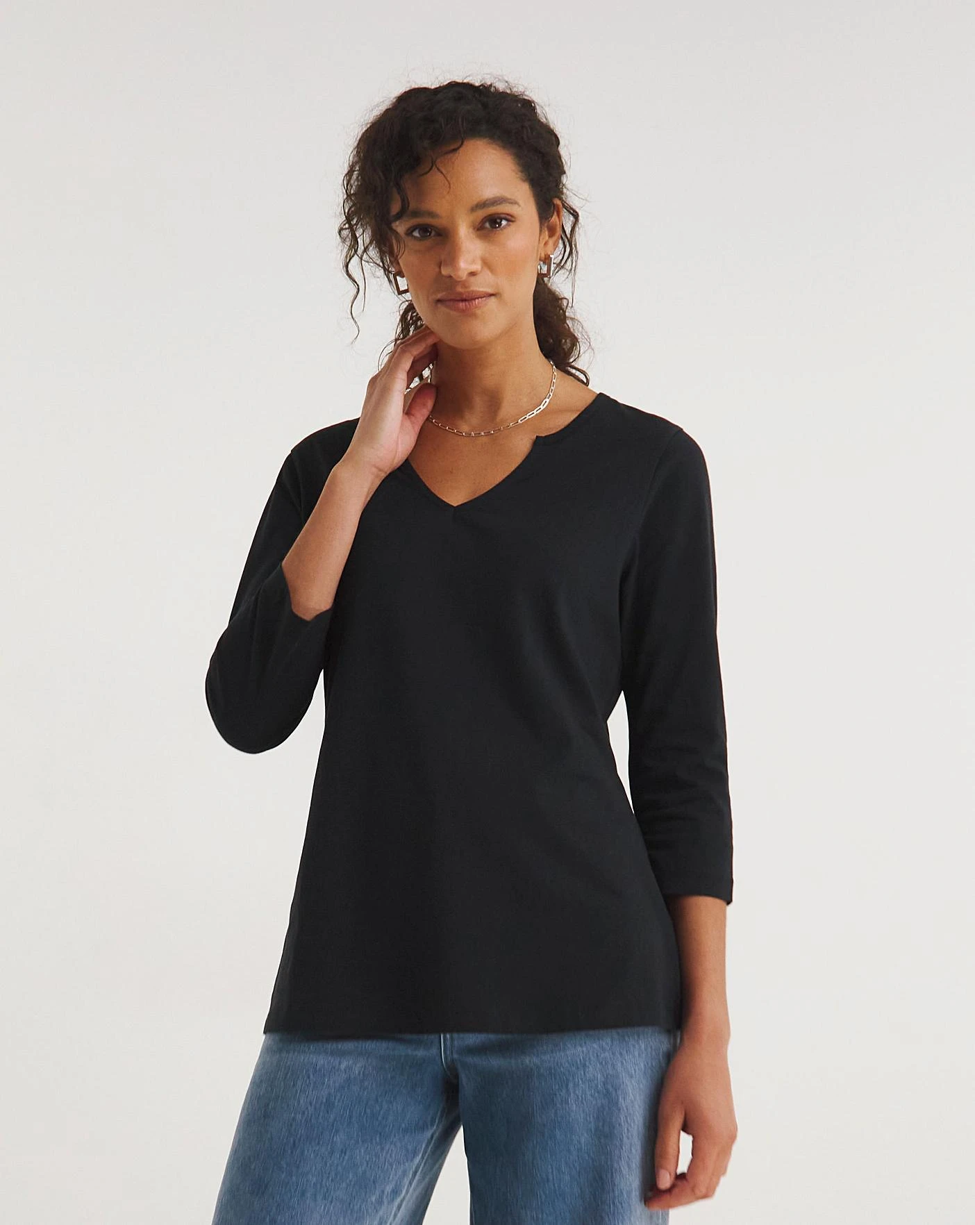 Value Cotton 3/4 Sleeve Notch Neck Top 3 Value Cotton 3/4 Sleeve Notch Neck Top - Image 3