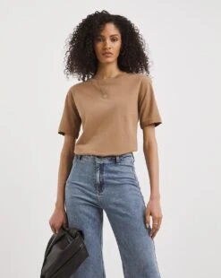 Camel Basic Cotton Crew Neck T-Shirt