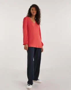 Coral V-Neck Long Blousin Sleeve Tea Top
