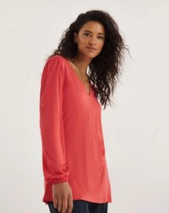 Coral V-Neck Long Blousin Sleeve Tea Top -JD Williams Shop y01qb425738w