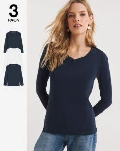 3 Pack V-Neck Tops Navy & White