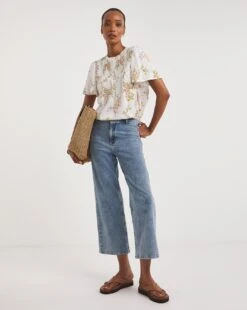 Shirred Yoke Top With Fluted Sleeve