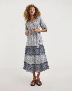 Mixed Print Tiered Hem Waisted Dress