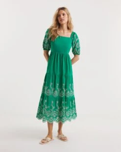 Broderie Tiered Dress With Puff Sleeves