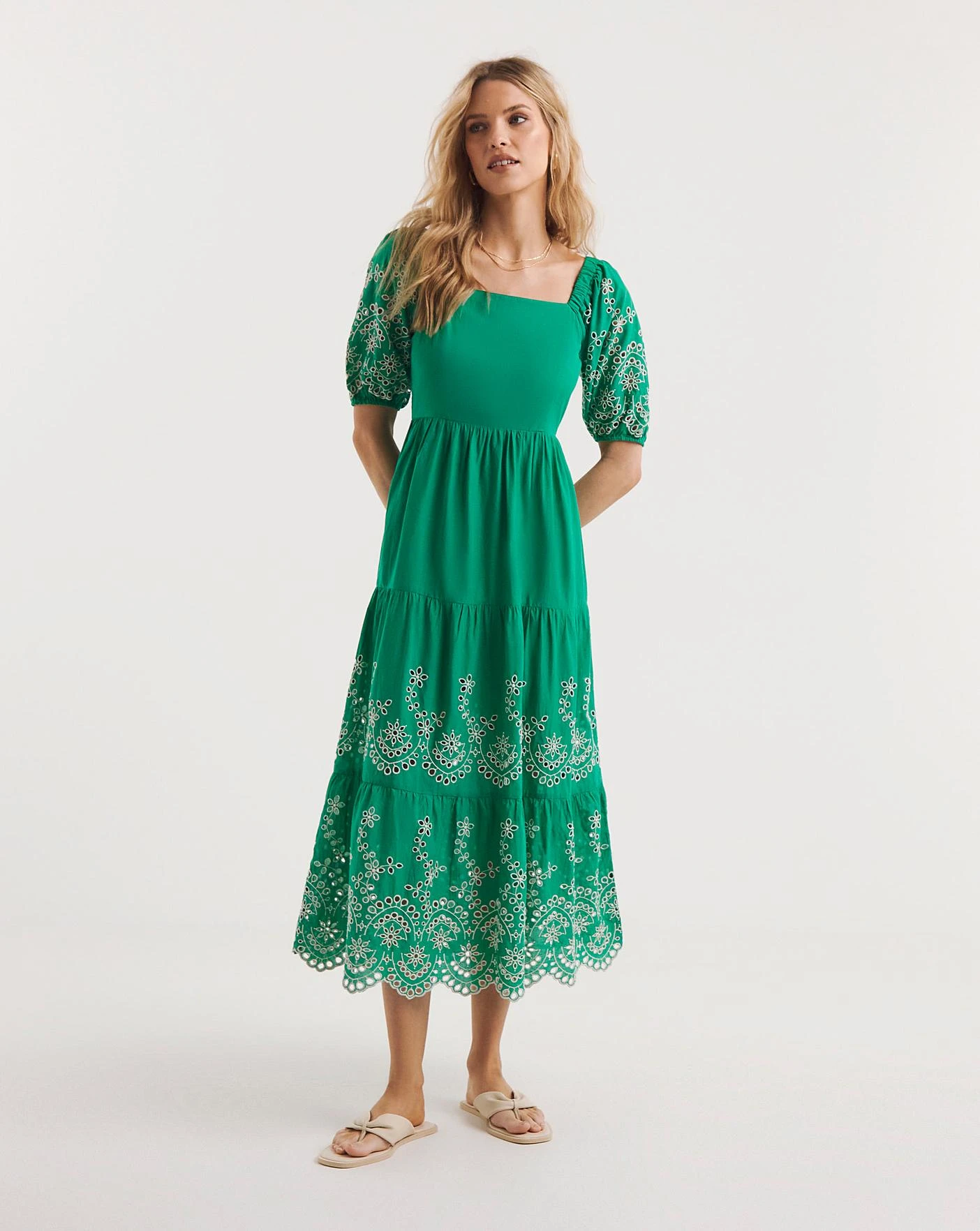 Broderie Tiered Dress With Puff Sleeves 1 Broderie Tiered Dress With Puff Sleeves