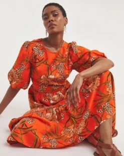 Linen Mix Smock Dress With Puff Sleeves -JD Williams Shop y01wm529726w