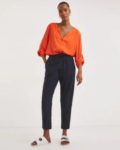 Navy Linen Mix Tapered Trousers