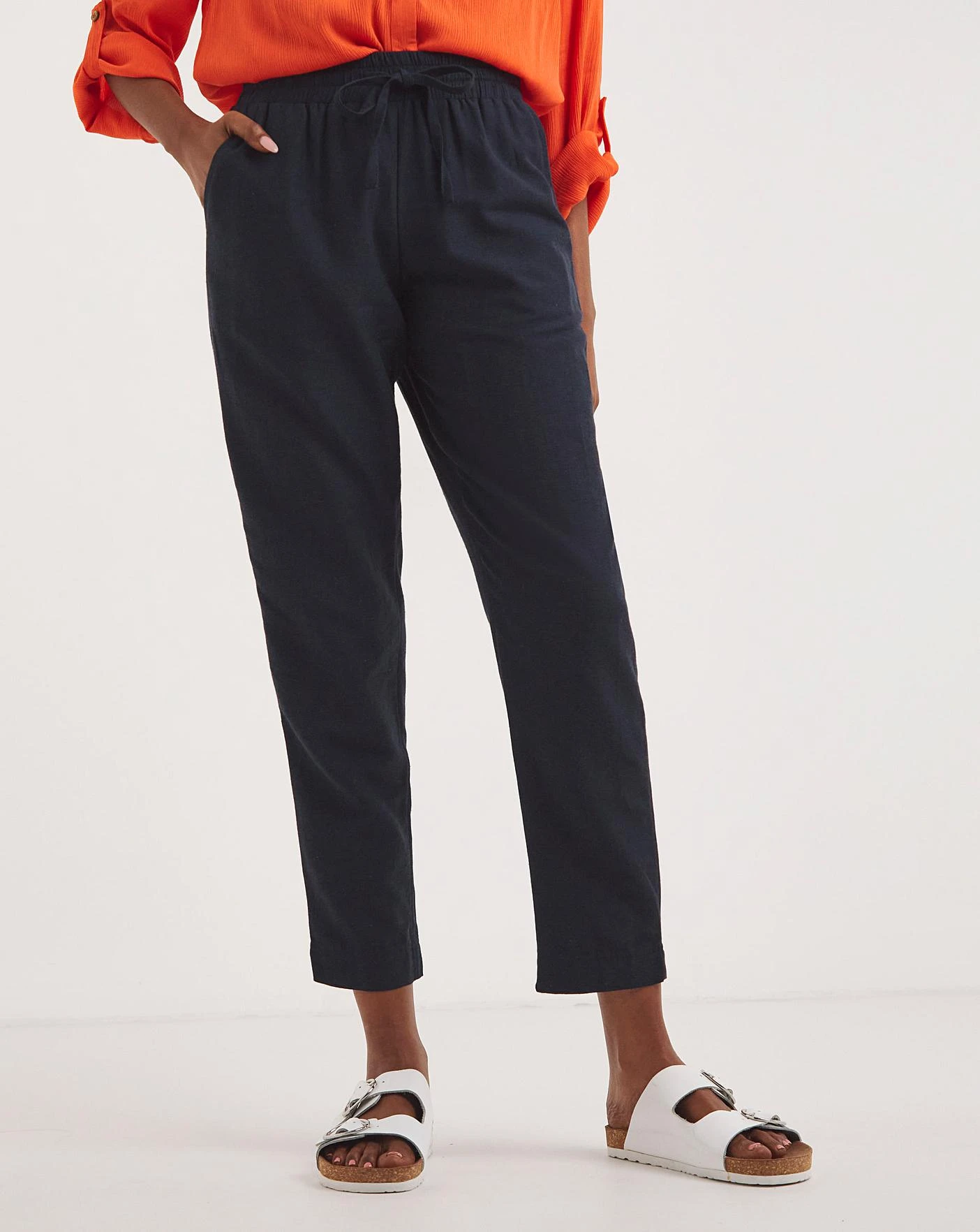 Navy Linen Mix Tapered Trousers 2 Navy Linen Mix Tapered Trousers - Image 2