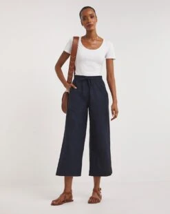 Navy Linen Mix Wide Leg Culottes